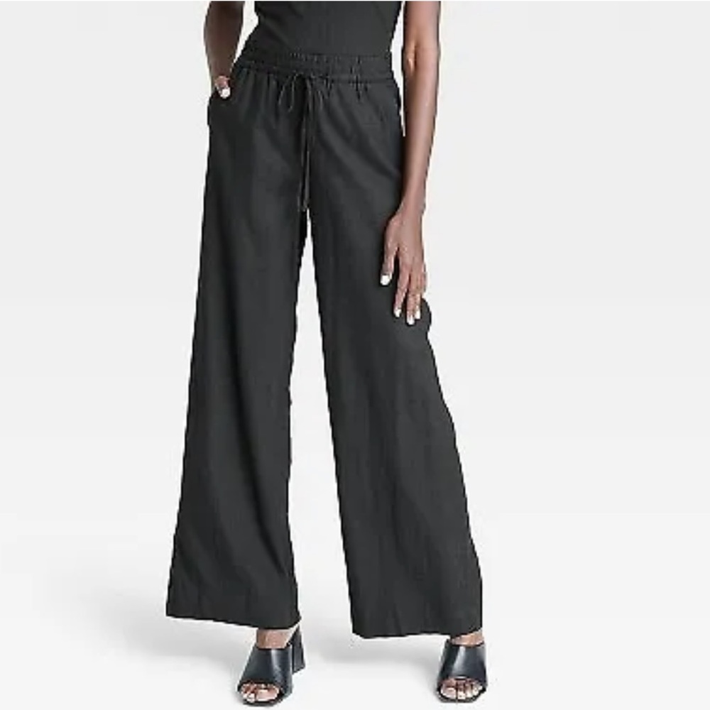 NWT Victoria Secret 100 Percent Linen Wide Leg Tie Front Black Pants Sz 4